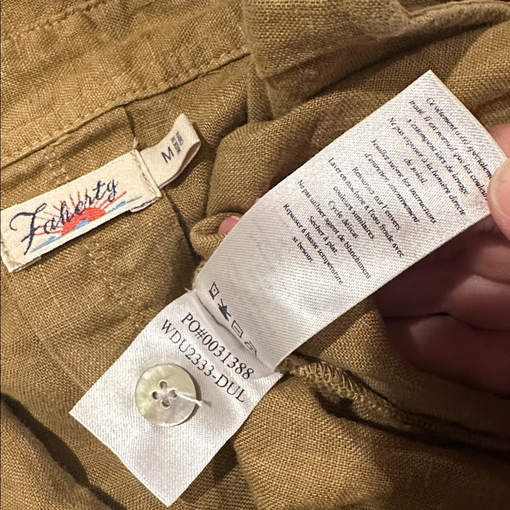 FAHERTY Linen Laguna Sleeveless Shirt Dress Sz M Dull Gold Neutral Midi Preppy - Picture 9 of 10